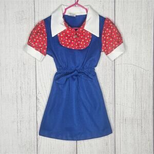 VTG 1960s Girls Jumper, Red & White Floral Collared Top & Blue Dress, size 6